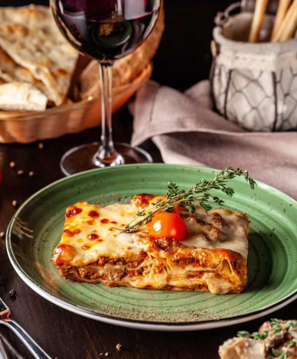Baked lasagna with minced bolognese. Baked lasagna with minced bolognese.